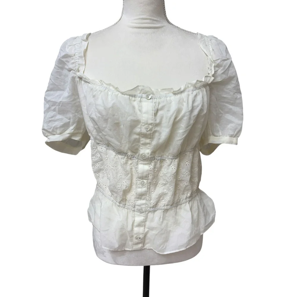 Reformation Cream Off White Ren Fair Peplum Puff Sleeve Button Down Top - XL
